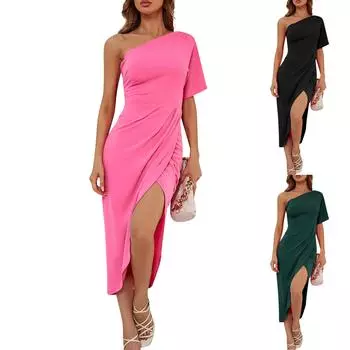 Женские летние однотонные сексуальные сексуальные платья нестандартной формы на одно плечо L чёрный