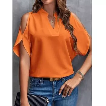 Women s Summer Solid Color V-neck Off-the-shoulder Loose Chiffon S белый