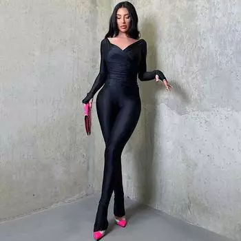 Женский летний однотонный повседневный костюм с V-образным вырезом и длинными рукавами S чёрный