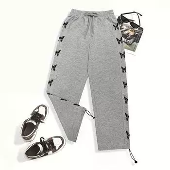 Женские летние однотонные свободные повседневные прямые широкие брюки с высокой талией и принтом S светло-серый
