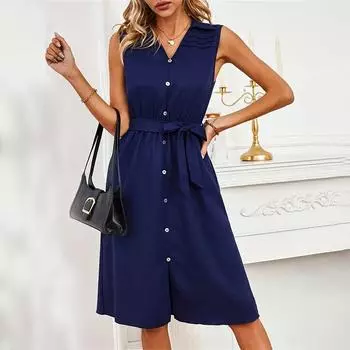 Женские летние однотонные темпераментные платья миди с разрезом на талии S тёмно-синий