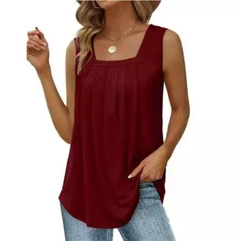 Women s Summer Square Neck Pleated Sleeveless T-Shirt Solid Color Casual Top 5XL