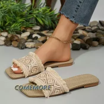Women s Summer Straw Woven Casual Slippers Outdoor Espadrille Flip-flops Fashion Flat Ladies Sandals and Slippers Large Size 43 36 бежевый