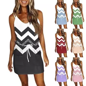 Женские летние полосатые свободные платья с v-образным вырезом и подтяжками с принтом в стиле пэчворк L бежевый