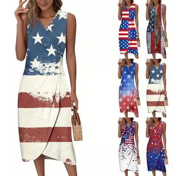 Women s Summer Tank Dress Casual V Neck Sleeveless Button Independence Day Printed Dresses L красный