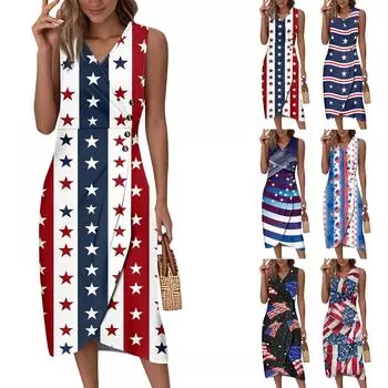 Women s Summer Tank Dress Casual V Neck Sleeveless Button Independence Day Printed Dresses L тёмно-синий