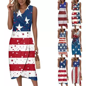 Women s Summer Tank Dress Casual V Neck Sleeveless Button Independence Day Printed Dresses XL синий