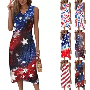 Women s Summer Tank Dress Casual V Neck Sleeveless Button Independence Day Printed Dresses XL