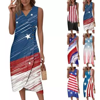 Women s Summer Tank Dress Casual V Neck Sleeveless Button Independence Day Printed Dresses XL