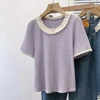 Women s Summer Temperament Elegant Ruffle Collar Shoulder Short Sleeved T-shirt Comfortable Lace Border Base Shirt 4XL чёрный