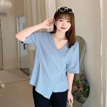 Women s Summer Temperament V-Neck Irregular Top Slim Comfortable Commuter Chiffon Shirt 3XL чёрный