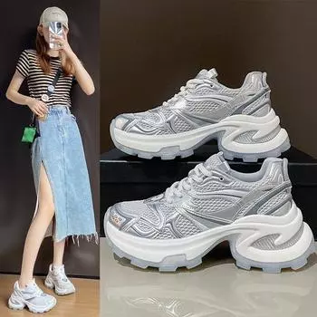 Women s Summer Thin Breathable Mesh Shoes,New Thick Soled and Internally Raised Sports Leisure Shoes 35 серебряный