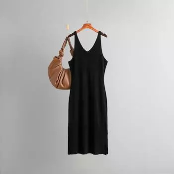 Women s Summer Thin Camisole Dress V-neck Sleeveless Vest Skirt With Slit Bottom Knit Skirt OneSize чёрный