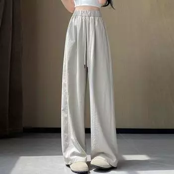Женские летние тонкие брюки на шнурке, повседневные широкие брюки, спортивные брюки, спортивные брюки для женщин, уличная одежда S чёрный