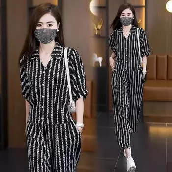 Women s Summer Thin Striped Suit Short-sleeved Shirt + Wide-legged Pants Commuting Temperament Two-piece Suit 4XL чёрный