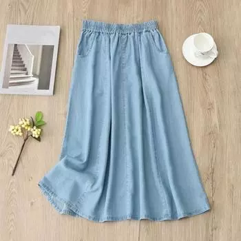 Women s Summer Thin Style Soft Denim Skirt Korean Version Loose High Waisted Elastic A-line Skirts L светло-синий