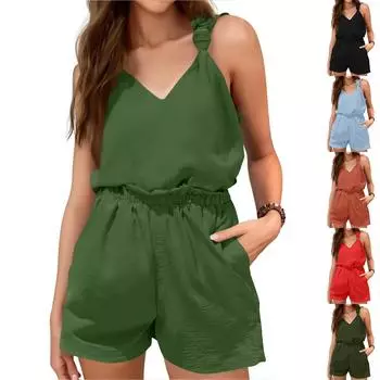 Women s Summer Two Piece Sleeveless V Neck Knotted Vest Shorts Set L армия зеленый