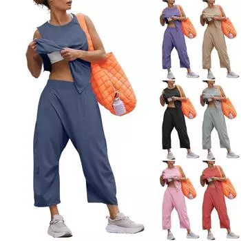 Женский летний комплект из двух предметов: топ + брюки, жилет без рукавов, широкие брюки с карманами, спортивный комплект для упражнений L чёрный