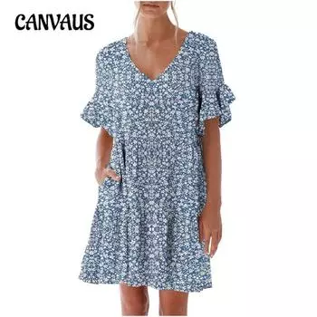 Women s Summer V-Neck Ruffle Cuffs Loose Bag Short Sleeve Dresses S чёрный