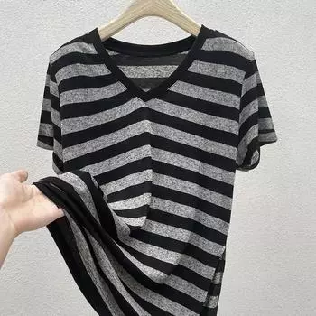 Women s Summer V-neck Thin Section Loose Striped T-shirt Medium-length Short-sleeved Casual Bottoming Tops 3XL черный серый