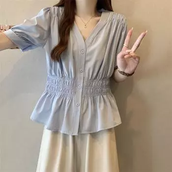 Women s Summer V-neck Waist Shirt Solid Color Design Plus Size Skinny Cover Meat Blouse 4XL белый