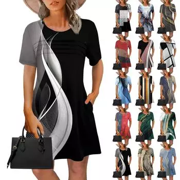 Women s Summer Vintage Color-block Patchwork Print Dress Short Sleeve Round Tie Pocket Casual Dress L армия зеленый