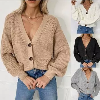 Женский свитер осень-зима V-образный вырез повседневный трикотажный кардиган на пуговицах S белый
