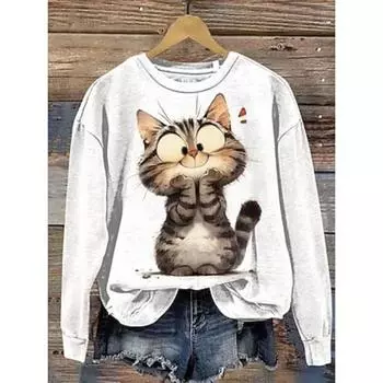 Женская толстовка с изображением животных, повседневная одежда, повседневный принт, круглый вырез, длинный рукав, микроэластичная, осень-зима, удобная, дышащая, мягкая ткань S