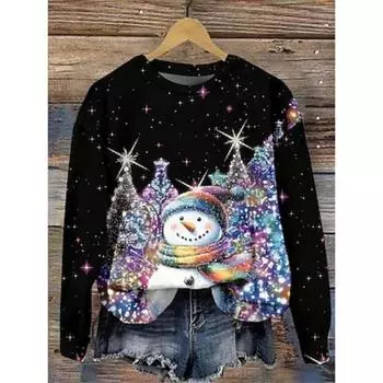 Женская толстовка из полиэстера со снеговиком, рождественской елкой, повседневная одежда с принтом, повседневный круглый вырез, длинный рукав, микроэластичная, осень-зима S