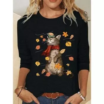 Women s Sweatshirt Polyester Women s Print Daily Fashion Dailywear Print Casual Loose Fit Crew Neck Long Sleeve Inelastic L