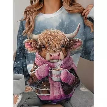 Женская толстовка-пуловер с изображением животных, повседневная одежда с праздничным принтом, повседневная толстовка с капюшоном, длинный рукав, микроэластичная, осень-зима, удобная, дышащая, мягкая ткань S