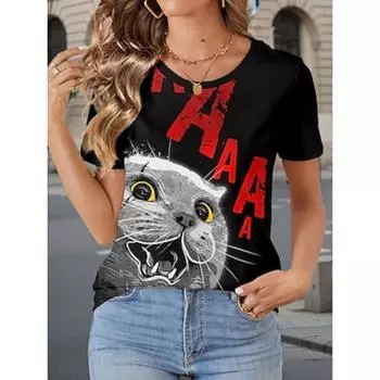 Women s T Shirt Animal Cat Letter Casual Short Sleeve Round Neck Regular Tops Daily Print Black Summer Spring S