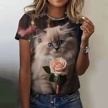 Women s T-shirt Animal Cute Cat 3D Printed T-shirt Summer Fashion New Women s Wear XXS