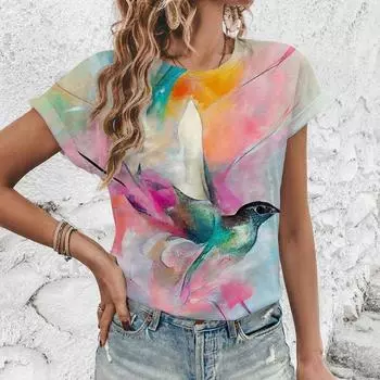 Women s T-shirt Artistic 3D Printing Flower Pattern T-shirt Women s Short Sleeved T-shirt S
