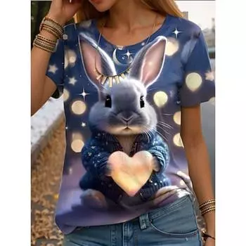 Women s T Shirt Casual Animal Regular Tops Short Sleeve Round Neck Print Regular Fit Daily Navy Blue Summer S