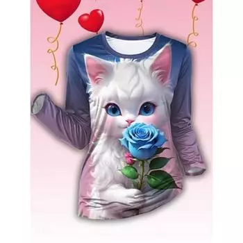Women s T Shirt Casual Ombre Cat Regular Tops Long Sleeve Crew Neck Print Regular Fit Daily Purple Spring Fall S