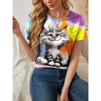 Women s T Shirt Cat Casual Short Sleeve Round Neck Regular Tops Daily Print Rainbow Summer S