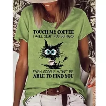 Women s T Shirt Cat Letter Text Basic Short Sleeve Round Neck Regular Tops Daily Weekend Print White Pink Summer S