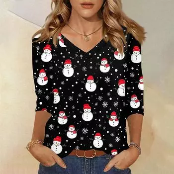 Women s T Shirt CHristmas Print 3/4 Sleeve Daily Weekend Fashion Basic V- Neck Regular Top L
