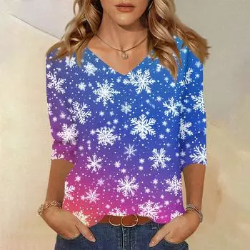 Women s T Shirt CHristmas Print 3/4 Sleeve Daily Weekend Fashion Basic V- Neck Regular Top L