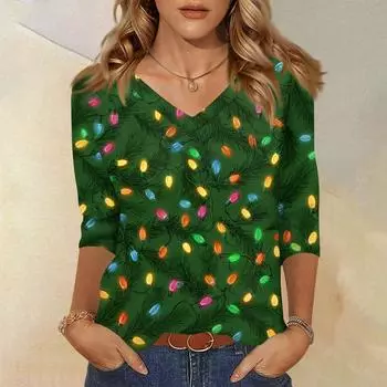 Women s T Shirt CHristmas Print 3/4 Sleeve Daily Weekend Fashion Basic V- Neck Regular Top L