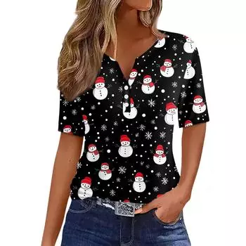 Women s T Shirt Christmas Print Button Short Sleeve Daily Weekend Fashion Basic V- Neck Regular Top L