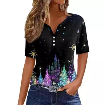 Women s T Shirt Christmas Print Button Short Sleeve Daily Weekend Fashion Basic V- Neck Regular Top L