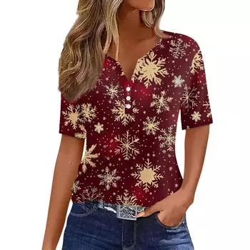 Women s T Shirt Christmas Print Button Short Sleeve Daily Weekend Fashion Basic V- Neck Regular Top L