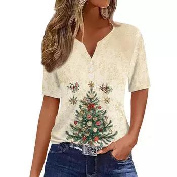 Women s T Shirt Christmas Print Button Short Sleeve Daily Weekend Fashion Basic V- Neck Regular Top L