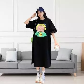 Women s T-shirt Dress Summer Mid-length Over The Knee Dress M светло-серый