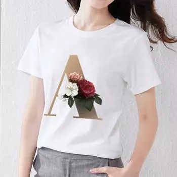 Женская футболка Fashion 26 English Golden Flower Letter Printing Простая футболка для поездок на работу Удобный круглый вырез для женщин Топ S