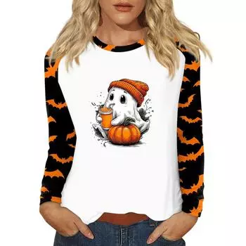 Women s T Shirt Halloween Print Long Sleeve Daily Fashion Basic Round Neck Raglan Sleeve Top XL оранжевый
