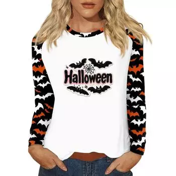 Women s T Shirt Halloween Print Long Sleeve Daily Fashion Basic Round Neck Raglan Sleeve Top M чёрный