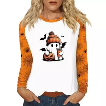 Women s T Shirt Halloween Print Long Sleeve Daily Fashion Basic Round Neck Raglan Sleeve Top XXL